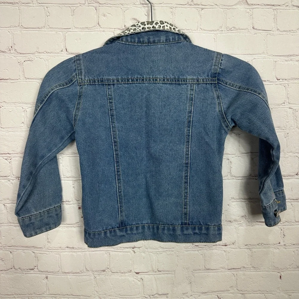 Toddler Girls Leopard Print Collar Denim Jean Jacket Size‎ M, GUC